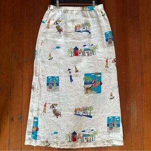 100% Linen HOT COTTON by Marc Ware Vintage Beach Graphic Print Ankle Skirt Large